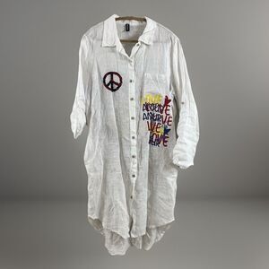 Venti6 Wom L Linen Button Down Dress Long Sleeve Graffiti Print Peace Sign Amour